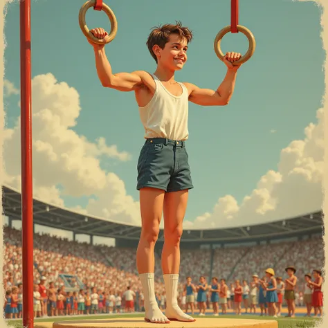 A vintage illustration showing young man performing an iron cross on gymnastic rings like gymnast at olympic games. The illustration captures the charm and detail typical of classic old books, with the young man appearing proud . The colors and style shoul...