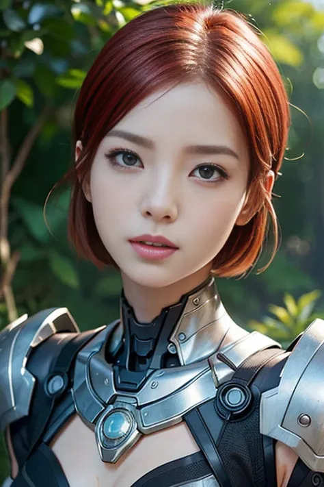  upper body、(Actual photo:1.3)、 PORTRAIT、 ONE CYBORG GIRL、 beautiful well-groomed face、 BALANCED FACE 、red hair bob style short cut、 white skin、 slender body 、 Toughened Abs、 small breasts 、 cleavage、Armor with mechanical details、（ super quality:1.3）、maste...