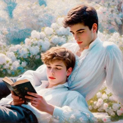  This picture shows two young men sitting relaxed in the middle of a white flower garden filled with soft sunlight.  Both wearing white shirts in classic style ,  gives an elegant and gentle impression . The young man on the left ,  ,  are seen reading a b...