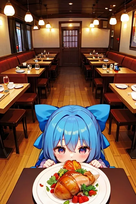 Cirnos group (touhou)
Eat a giant roast turkey in a restaurant with the characters from the Touhou Project(touhou)