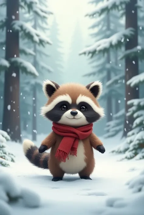 cute raccoon dog、Snow Forest、Cold protection、