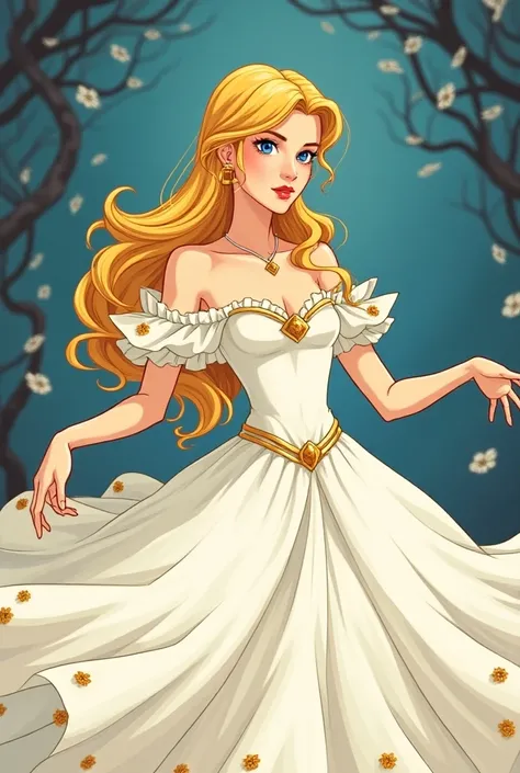 Créer moi une image dans un style dessin manga de Cendrillon blonde au yeux bleu avec une robe de bal blanche magnifique et les cheveux détaché avec une vue en plein pied 