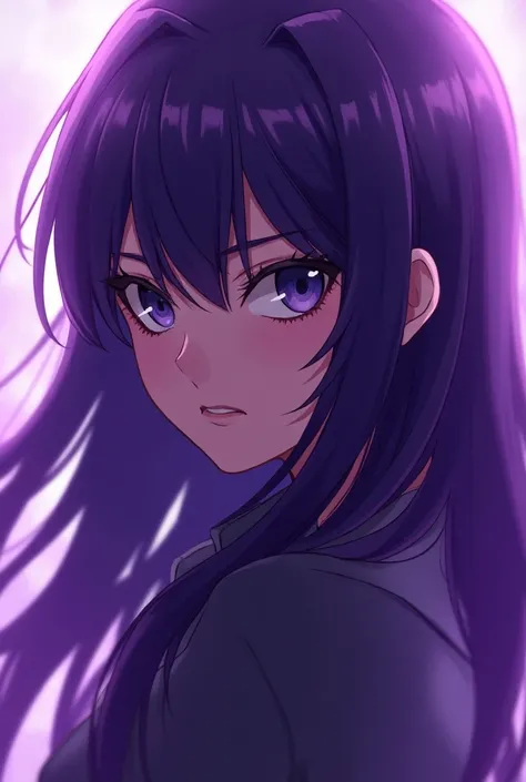 cool purple girl anime style just the headshot make it fierce ,make the girl cool with purple lights... make the girls hair long without a bangs...make the girl face a little sideways DONT INCLUDE BANGS IN THE HAIR