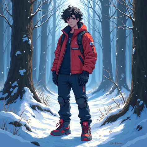 
" A character named Caelum ,  a man with defined curly hair , portrayed in anime style ,  standing in a dark forest during a snowy day . He is wearing practical and comfortable and technological clothes with a touch of creativity,  reflecting his vibrant ...