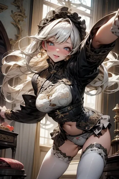 8k、Best Quality 、Maximum clarity 、 very detailed、Beautiful art、 very detailed、Maternal、 erotic face looking up at me、Transparent skin 、Skin-tight underwear、 very big breasts、(((In underwear)))、(((  Lace Panties with Luxurious Ruffles and Delicate Embroider...