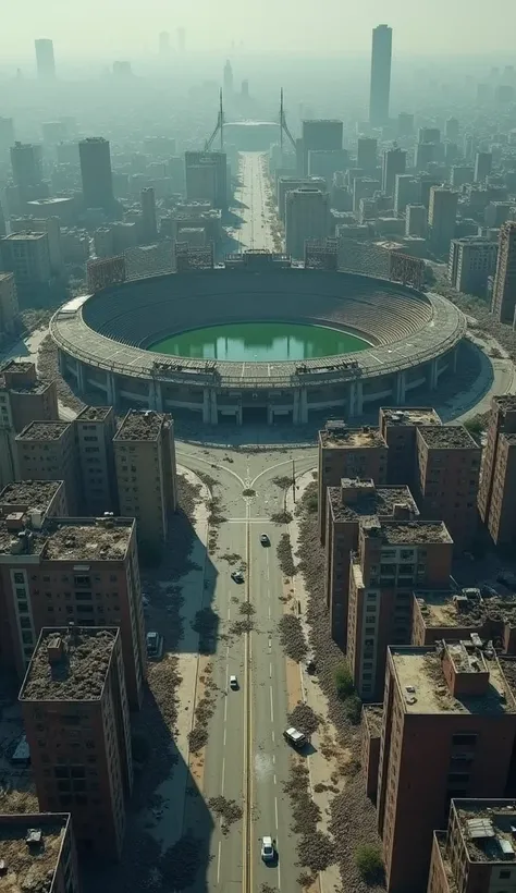  Aerial view of a destroyed city in an apocalyptic environment, with a destroyed stadium in the center 