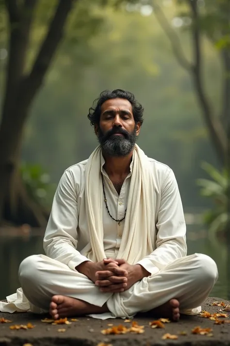 "An Indian man in white dhoti-kurta, sitting peacefully with closed eyes, reflecting on life’s purpose, his surroundings serene, as if lost in profound thought."