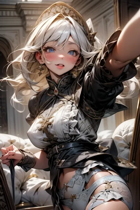 8k、Best Quality 、Maximum clarity 、 very detailed、Beautiful art、 very detailed、Maternal、 erotic face looking up at me、Transparent skin 、Skin-tight underwear、 very big breasts、(((In underwear)))、(((  Lace Panties with Luxurious Ruffles and Delicate Embroider...