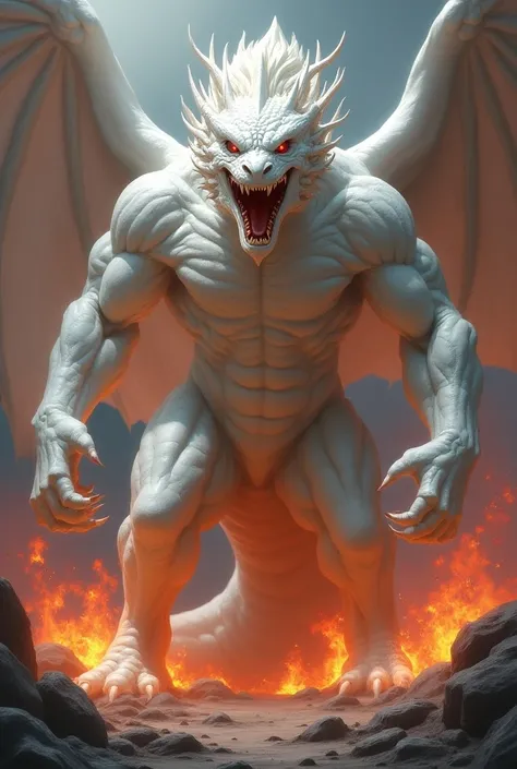 A picture of a bold standing white dragon with red eyes and bring fire from mouth, fearless, brave, intimidating face