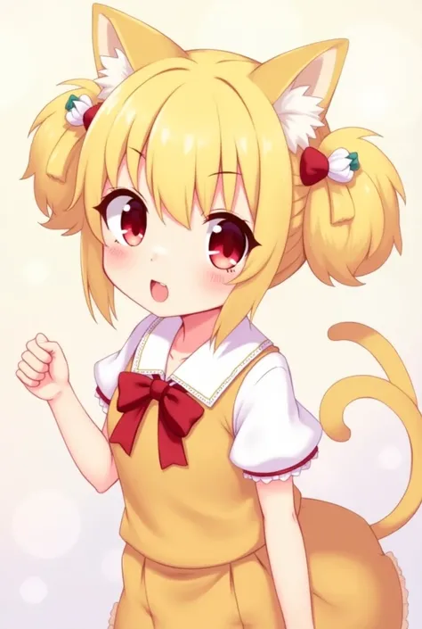 Blonde, Red eyes, ribbon, Cat ears,  anime style, Cat Hair Accessories,  twin tails,  character, 