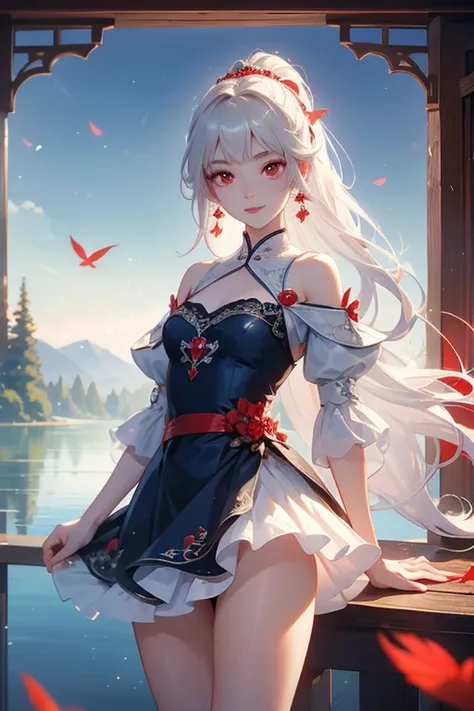 (Best Quality, masterpiece:1.2), 8k. (最高masterpiece).    very detailed, Real tooth tic:1.37,       Fantasy,  Illustration ,Grey Hair、 red eyes、      queen      ,       navy blue dress   、beautiful、      eyeshadow red      、      thick eyebrows、      Long e...