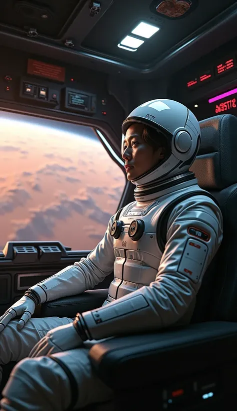 Elon Musk on his space station wearing space suit and sitting in spaceship and launch it towards the Mars 