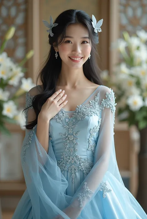 Wedding themed photo, beautiful Korean woman with a smiling face, long black hair, wearing a beautiful butterfly and feather shaped clip, wearing a beautiful wedding dress with intricate details in blue, made of nice satin, wearing shoes. facing the camera...