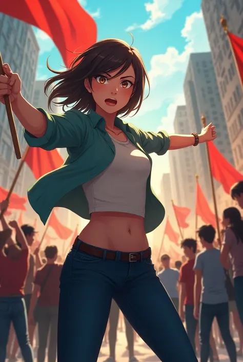  anime on middle and 1 girl that Involved in political democracy fighting for democracy 