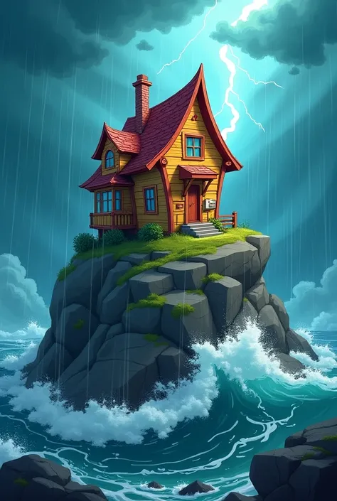  Create an image of a house built on the rock referring to the parable in the precise image it is raining, wind, Cartoon rays  