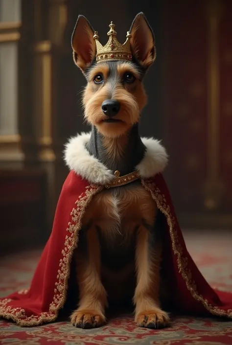 A cute Jagd Terrier as a King in a medieval castle, with a beautiful crown