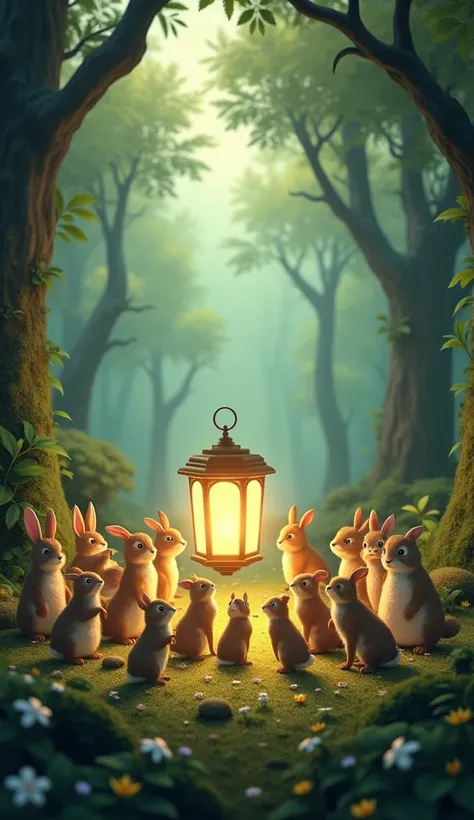  fantasy world、Many small animals in the forest are watching as if to surround the lantern as if it were being raised into the sky、