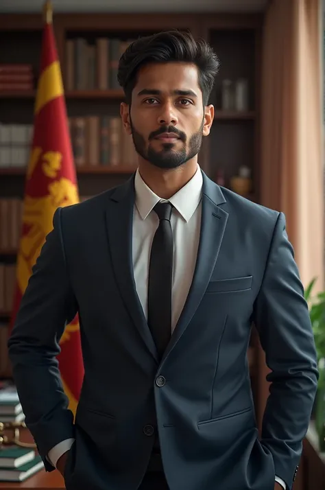 Create a realistic portrait of a 29-year-old Sri Lankan man with a strong presence, around 57" in height, with a solid, powerful build (about 110 kg), and facial hair. He has a professional yet approachable look, dressed in a semi-formal suit with an open-...