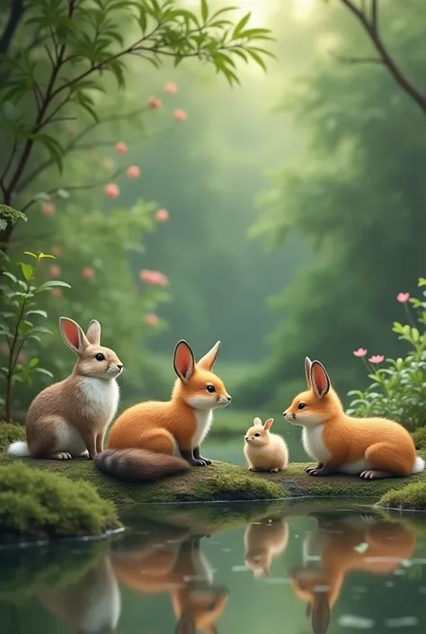 Birds, rabbits, foxes are all alone after drinking water.