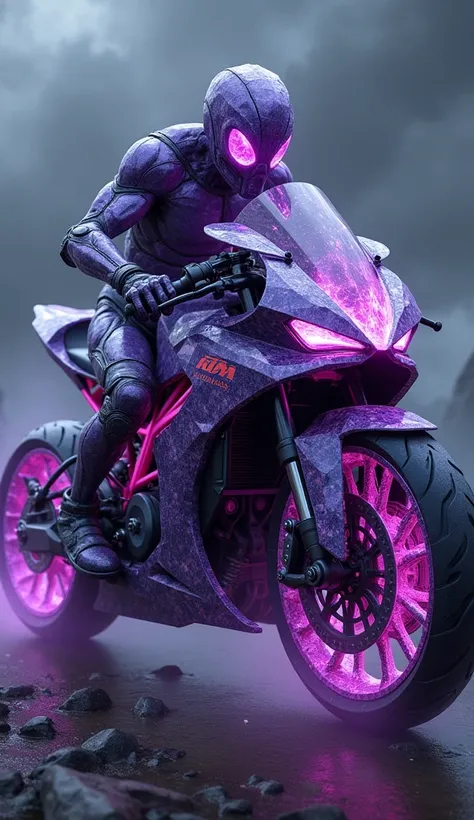 Create an image of a hybrid entity combining the features of a KTM motorcycle and an amethyst diamond into a single, monstrous creature. The body has the aggressive, sharp lines of the KTM bike, but it is fused with amethyst crystal facets that glow with d...