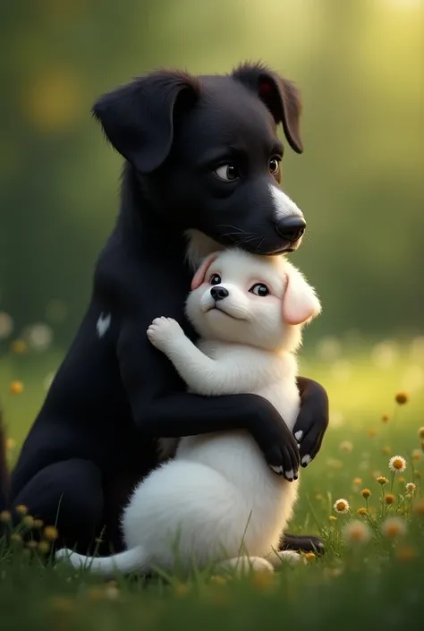 A black dog with white spots hugging a white puppy 