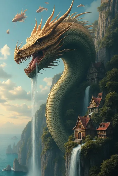 “A massive, coral-like structure in the shape of a dragon, perched on a cliffside with waterfalls flowing from its mouth; nestled among its scales are tiny, intricate homes, while mystical, fish-like creatures with wings circle above in a twilight setting....