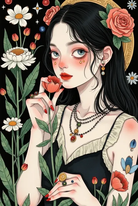 a woman with a ring on her finger and a flower in her hand, inspired by Ayako Rokkaku, inspired by Junji Ito, dark illustration, korean art nouveau anime, a beautiful artwork illustration, trending on artstration, art style of junji ito, gothic art style, ...