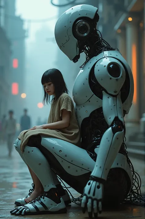 A girl sits on the penis of a cybernetic man