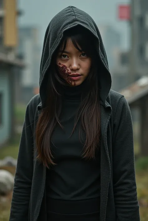  Very ugly and deformed Japanese girl wearing very old and torn black cloak and capus, Black tight clothing under her cloak , deformed face dirty and full of warts , ugly face, face with burn marks , Full body marks and burns, dystopian future, fallout fut...