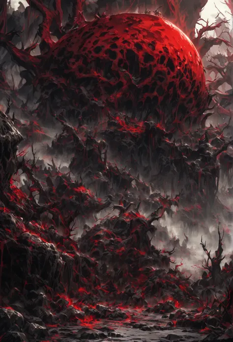 chaos,  fragmentary red swirls,  bloody earth , dark fantasy,  dark picture .  shadows blurred ,  sharp growing rocks ,  towering monster , red haze , Black Mist, black slime,  dead branchy trees . 