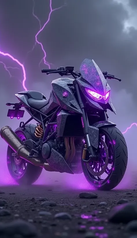 Create an image of a hybrid entity that seamlessly combines the aggressive features of a KTM motorcycle with the mystical qualities of an amethyst diamond. The body of the creature has the sleek, angular design of the KTM, but it is embedded with jagged, g...