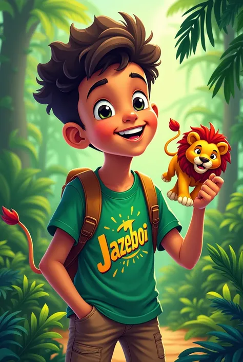 Generate t-shirt named #jazeboi weared a boy aged  and colored green with lion travelling in the jungle 
