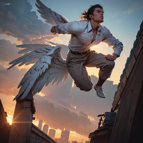 a man in an office shirt running for a roof jump, with angel wings on his back, detailed face, realistic, photorealistic, 8k, best quality, masterpiece, highly detailed, intricate details, dramatic lighting, cinematic, emotional, intense, awe-inspiring