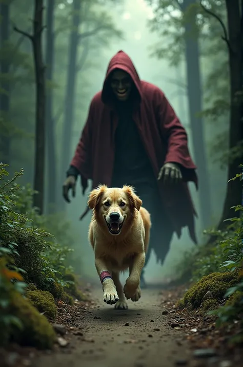  give me a very realistic image of a narrow dirt road in a dense forest with large trees and shrubs a cute golden retriever dog,  with a very scared expression on his pale face and with one of his paws bandaged he is being chased by a big red hooded monste...