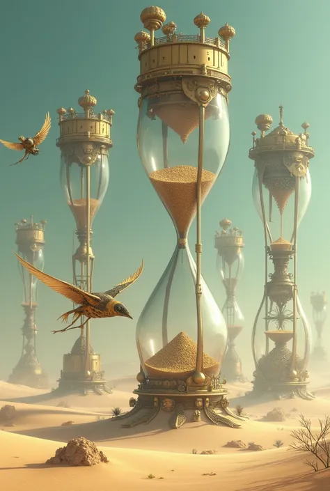 “A surreal desert scene where giant hourglasses rise from the sand, each filled with shimmering stardust that flows in all directions; futuristic buildings are built within the glass, and strange mechanical birds fly through the air, their wings powered by...