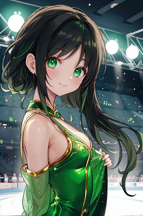 Best Quality、8k、Representative Works:1.3、  girl、1 person、1 personで、  petite and glamorous body  、 curve、 cute 、  she smiles happily  、  beautiful black long hair 、  beautiful emerald green eyes  、 Figure Skating Competition  、 Do a light green costume  、  ...