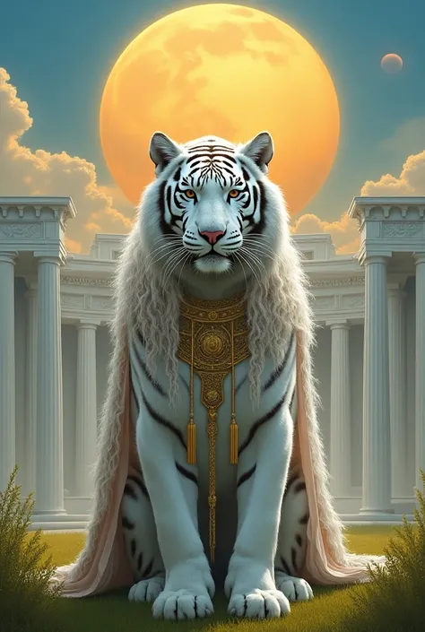 White tiger with long hair, on two feet, with ceremonial clothes, in front of a white old Greek palace, grass, green grass around. One huge sun on the sky. Red haired woman with elegant robe on his side.