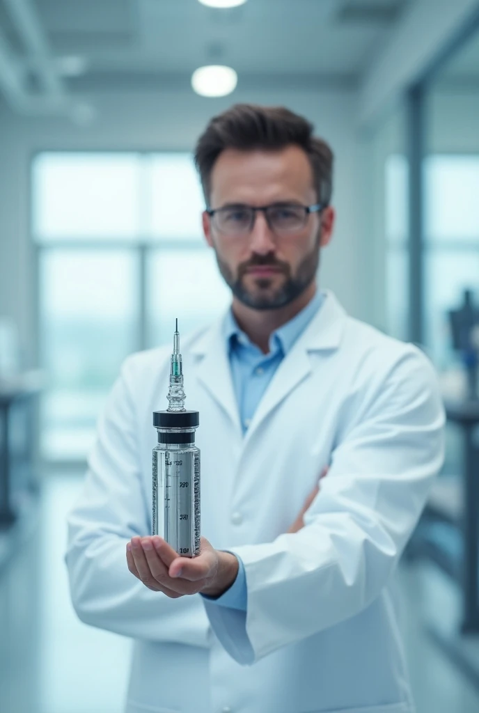 professional male doctor in a lab coat holding a large, high-tech cylinder in one hand. The doctor should appear focused and confident, with a clean, modern medical environment in the background. The injection syring should look like a typical one glass, p...