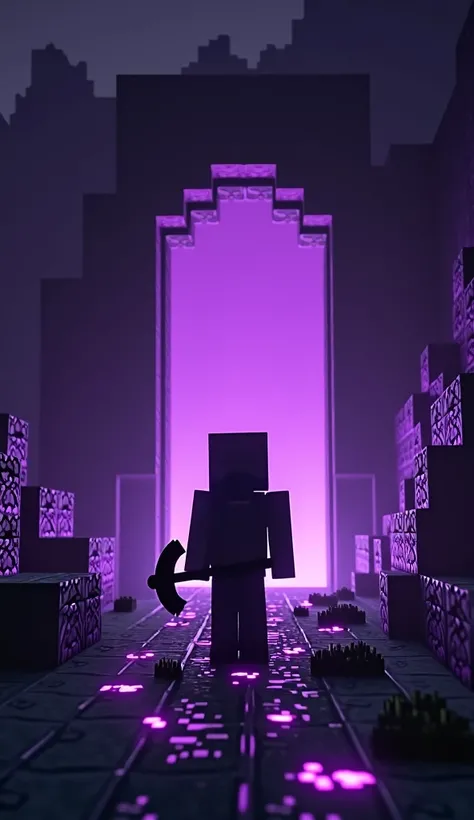   Minecraft theme , Minecraft, Nethergate ,The purple membrane ,Purple Evil 々 gives off an aura ,Mysterious glow, Avatar standing in front of a gate , has an iron pickaxe,Steve