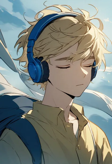 An animated image of a boy with a yellow shirt and a blue backpack. He is wearing a pair of blue headphones on his head. The boy has blonde hair that is blowing in the wind. His eyes are closed and he is looking to the right. The background is a light blue...