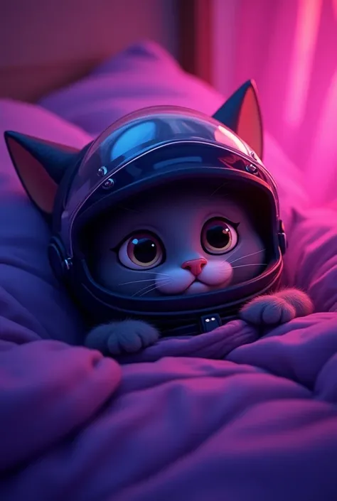 a cool cat cartoon wearing a motorcycle helmet laying in bed...include cool purple lights just put the cats headshot 