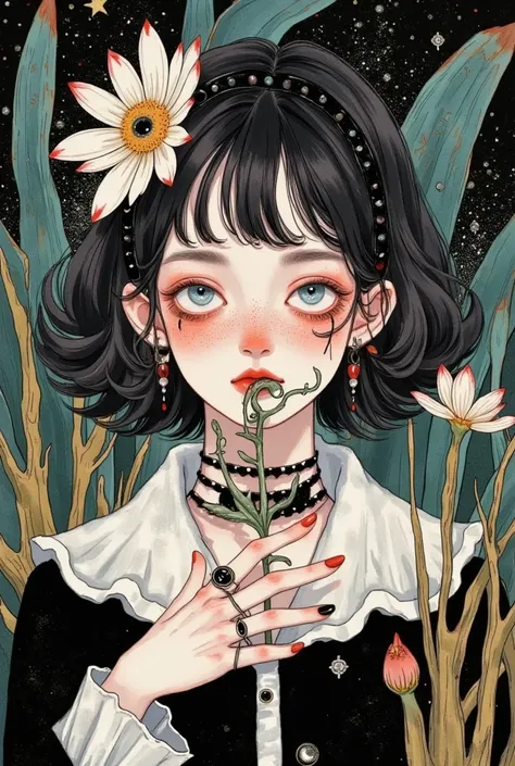 a woman with a ring on her finger and a flower in her hand, a character portrait inspired by Ayako Rokkaku, tumblr, gothic art, dark illustration, korean art nouveau anime, a beautiful artwork illustration, trending on artstration, art style of junji ito, ...