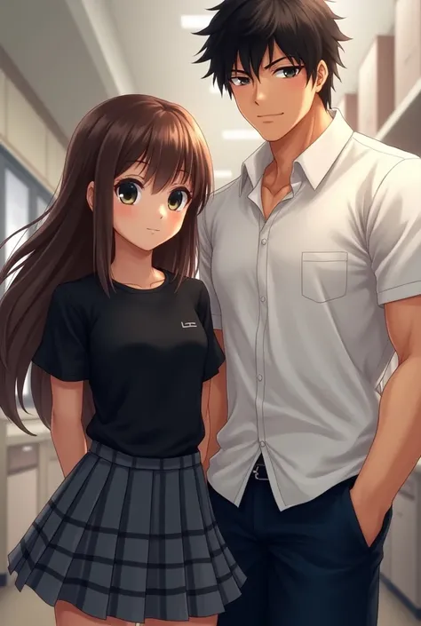 Anime character a girl long brown hair bangs and black big eyes. School scirt and black shirt. A man with piercing eyes white shirt and with muscle. Hezalnut dark hair
