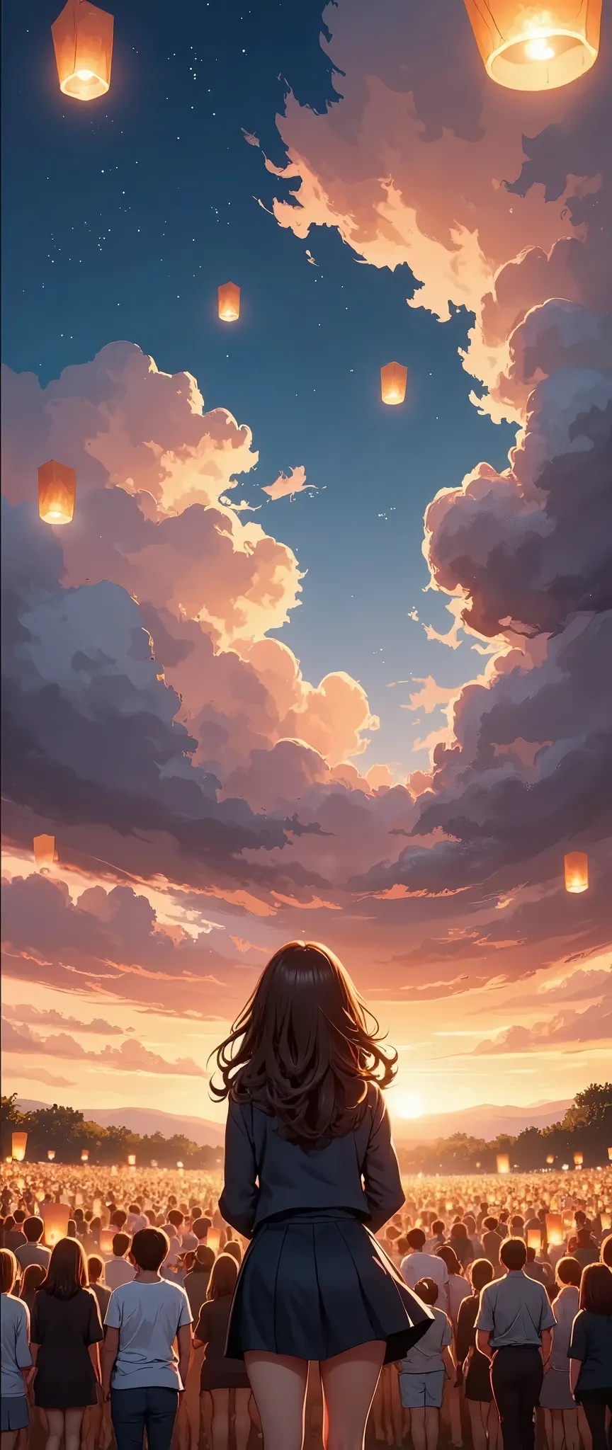 a girl looking up at floating lanterns in the sky, fantasy art, (best quality,4k,8k,highres,masterpiece:1.2),ultra-detailed,(realistic,photorealistic,photo-realistic:1.37),1girl,beautiful detailed eyes,beautiful detailed lips,extremely detailed eyes and face,longeyelashes,cinematic lighting,glowing lanterns,dramatic sky,warm colors,fantasy landscape,dreamlike atmosphere,magical