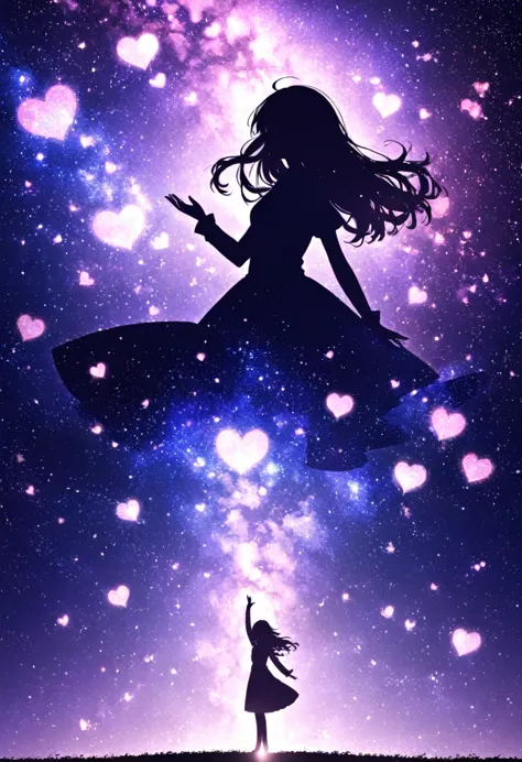 ((   glitter))、Shine絵 、  one woman,Black silhouette, galaxy silhouettes ,シルエット内部がShine, Imaginary,grow up,  lots of hearts ,Shineハート,White ,Shine ,pink,Unity,  光がShine  ,    visible from afar 