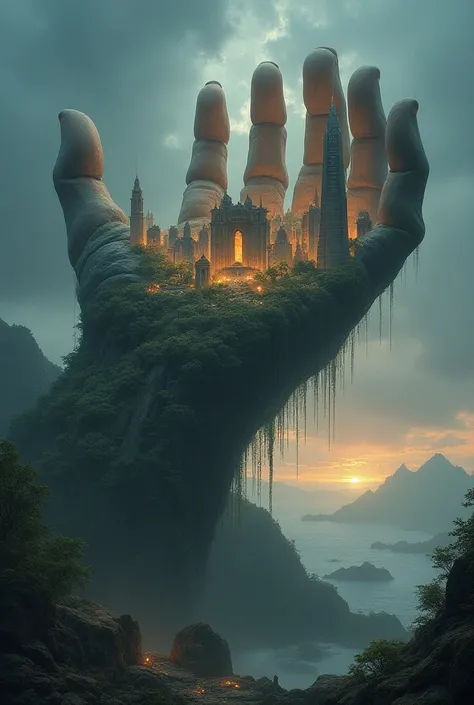 “A city carved into the side of a colossal stone hand that reaches towards the sky; each finger houses different types of architecture, from ancient temples to futuristic towers, and glowing vines wrap around the structure, casting a mystical light over th...