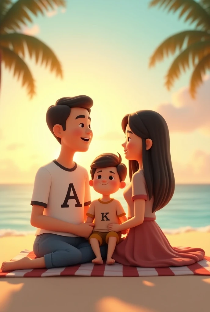 Create animated 3D illustration of Indonesian married couple with boy sitting with beach background, in casual dress shirt with name  "a"  on her husbands t-shirt and name  "k"  on his wifes t-shirt and writing name  "R"  wearing his sons shirt 