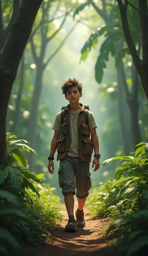 The Boy:

A young boy is walking alone in a dense, quiet jungle, looking calm and adventurous.

Appearance: He has short, spiky brown hair and a thoughtful expression, showing confidence in his exploration.

Outfit: He is dressed in a light-colored short-s...