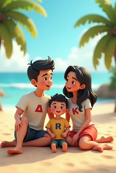 Create animated 3D illustration of Indonesian married couple with boy sitting with beach background, in casual dress shirt with name  "a"  on her husbands t-shirt and name  "k" on his wifes t-shirt and writing name  "R" wearing his sons shirt 