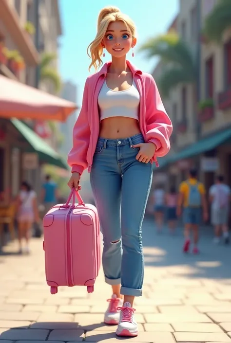 Une jeune femme blonde cheveux attachés portant un jean, un croc-top blanc, une veste rose et des chaussures de sport rose souleve un sac de voyage rose.